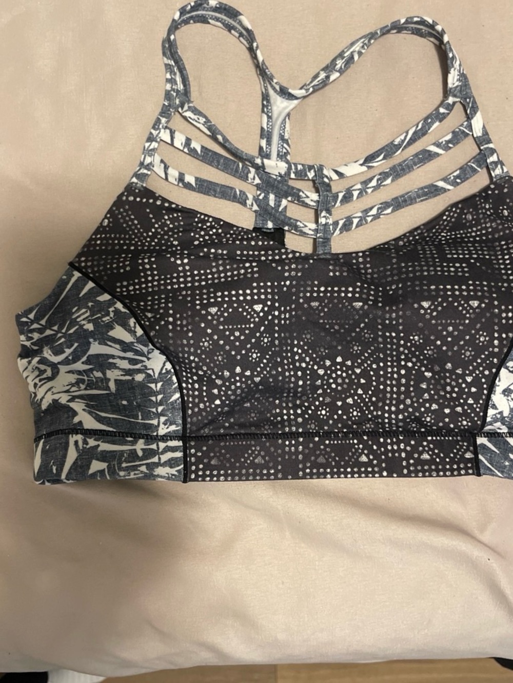 Prana Black and White Strappy Patterned Sports Bra